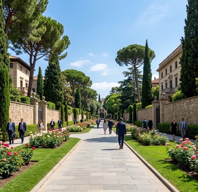 Vistas de las calles tranquilas, jardines y zonas residenciales exclusivas en Pedralbes